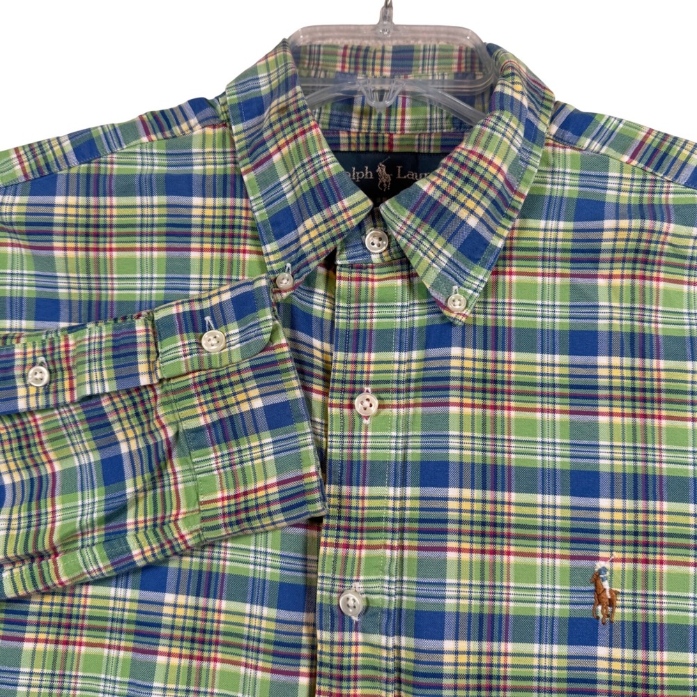 Ralph Lauren Button Down Shirt Mens Large Green Blue Plaid Classic Fit Cotton